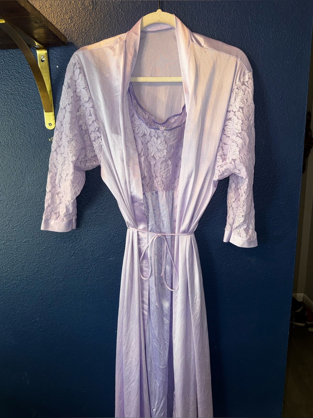 Vintage Lavender Lace Satin Robe and Chemise Set - intimates
